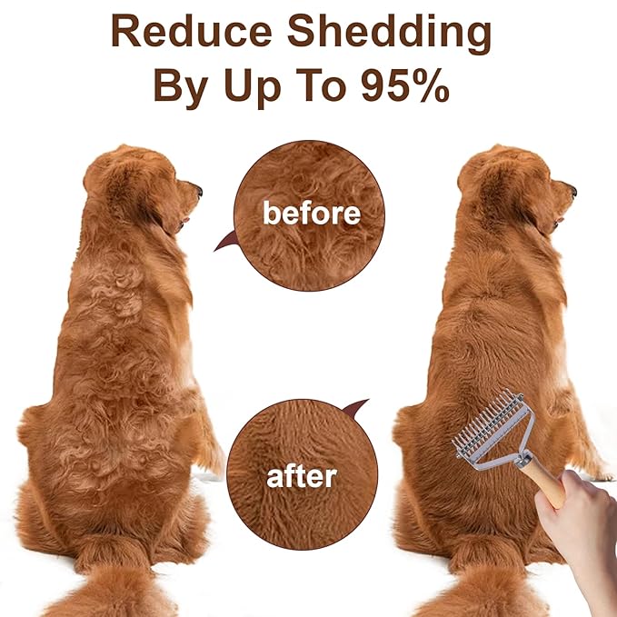 3-in-1 Professional Pet Shedding Dematting Comb - Deshedding Undercoat Rake for Dogs with Stainless Steel Blades Metal Pet Brush with Wood Handle Matted Hair Detangling Thinning and Shedding