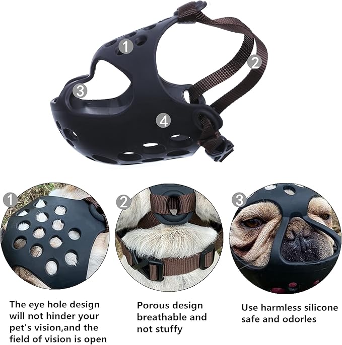 Short Snout Dog Muzzles,Soft Silicone Adjustable Breathable Bulldog Muzzle for Biting Chewing Barking Training,Ideal for Flat-Faced Dogs (Large, Grey)