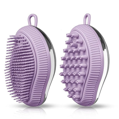 Pet Grooming Bath Massage Brush with Soap and Shampoo Dispenser Soft Silicone Bristle for Long Short Haired Dogs Cats (PURPLE)