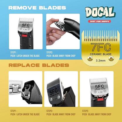 Docal 7FC Pet Dog Grooming Detachable Blades, Compatible with Andis Size-7FC Cut Length 1/8"(3.2mm), Most A5, KM Series Clippers,Made of Ceramic Blade & Stainless Steel Blade Golden
