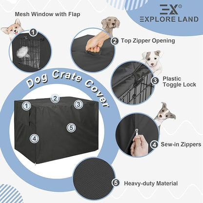 Explore Land 42 inches Dog Crate Cover Heavy Duty Polyester Pet Kennel Sunshade Universal Fit for Wire Cage (Black)