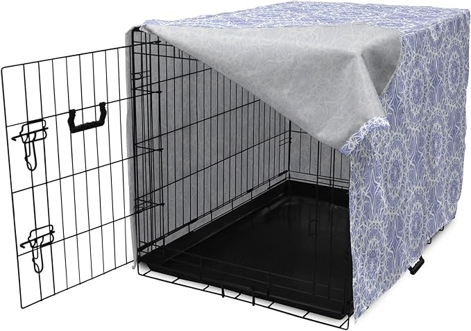 Lunarable Mandala Dog Crate Cover, Ceremonial Retro Minimal Far Eastern Pattern, Easy to Use Pet Kennel Cover for Cats & Medium Dogs, 24 Inch, Lavender Blue and White