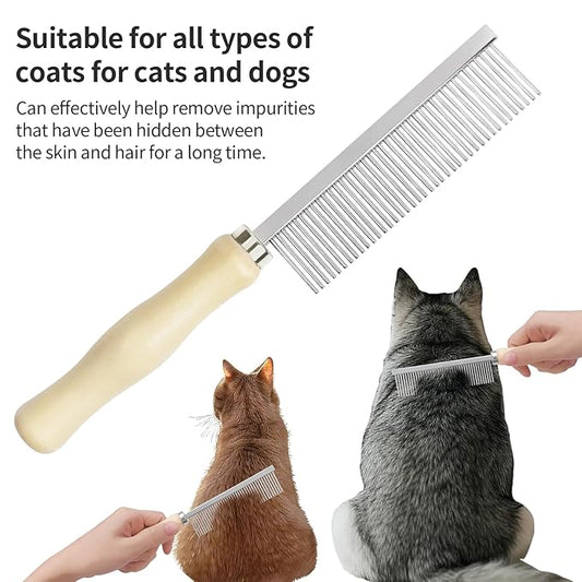Pet Comb - Stainless Steel Teeth and Wooden Handle - Detangling and Smoothing Tool for Long and Short Hair Dogs and Cats