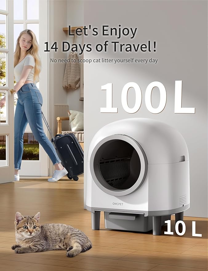 Automatic Cat Litter Box Self Cleaning with 10 Safety Radars,100L Smart Litter Box Used for 14 Days,Electric Litter Boxes with Stairs for Multiple Cats,APP-Control,Advanced Odor Control (White)