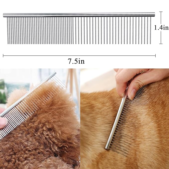 Dog Comb, Metal Dog Grooming Combs with Rounded Ends Stainless Steel Teeth for Grooming Matting Cats Dogs Comb Brush Tool for Long Haired Pets Gently Remove Tangles and Knots