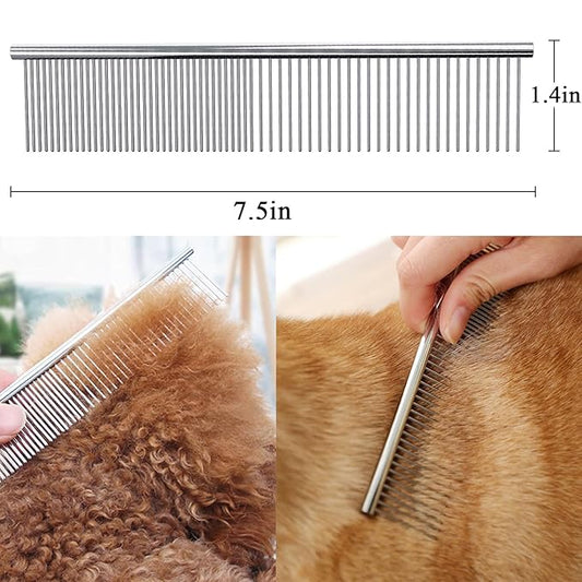 Dog Comb, Metal Dog Grooming Combs with Rounded Ends Stainless Steel Teeth for Grooming Matting Cats Dogs Comb Brush Tool for Long Haired Pets Gently Remove Tangles and Knots