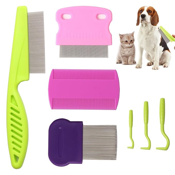 Tick flea comb for dogs 7pcs Metal flea brush for indoor Cats Lice combs for thick hair Pet tear stain comb Fine tooth comb Large and Small dog combs for grooming