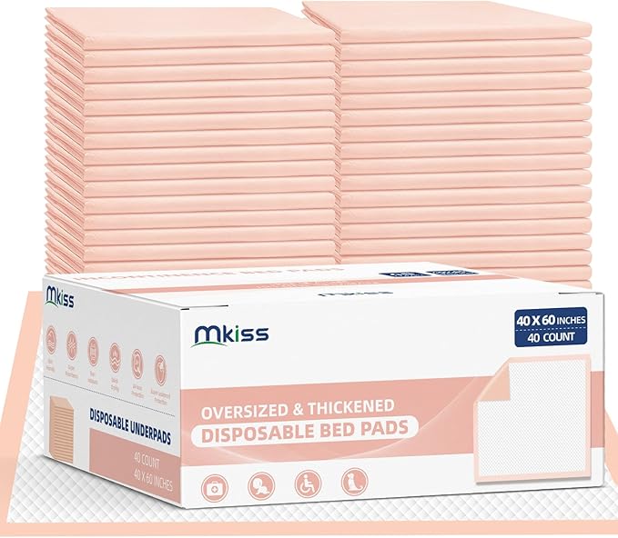 MKISS Oversized Bed Pads 40" x 60"(40 Counts), Heavy Duty Ultra Absorbent Underpads, Chucks Pads Disposable for Adults, Children, Babies, Elderly and Pets
