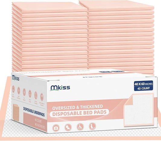 MKISS Oversized Bed Pads 40" x 60"(40 Counts), Heavy Duty Ultra Absorbent Underpads, Chucks Pads Disposable for Adults, Children, Babies, Elderly and Pets