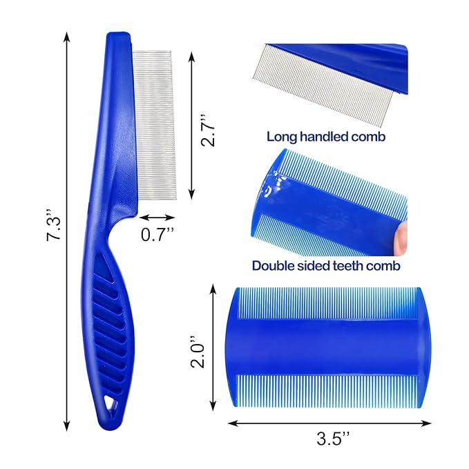 Quacc 4 Different Kinds of Flea Combs, Stainless Steel Round Teeth Dog Cat Lice Combs, Durable Fine Tooth Pet Tear Stain Remover Tool (Blue)