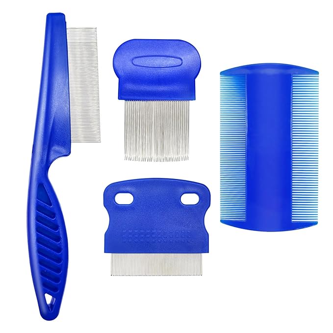 Quacc 4 Different Kinds of Flea Combs, Stainless Steel Round Teeth Dog Cat Lice Combs, Durable Fine Tooth Pet Tear Stain Remover Tool (Blue)