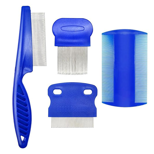 Quacc 4 Different Kinds of Flea Combs, Stainless Steel Round Teeth Dog Cat Lice Combs, Durable Fine Tooth Pet Tear Stain Remover Tool (Blue)
