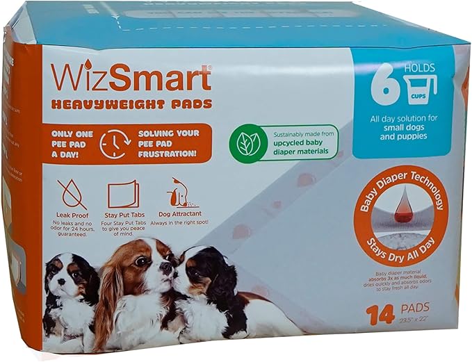 WizSmart Heavyweight Dog Pads – Absorbent, Leak-Proof Pet Training Pads with Stay Put Tabs – Indoor & Outdoor Use for Small Dogs, Crates, Travel – Eco Friendly Upcycled Materials, 14 Count