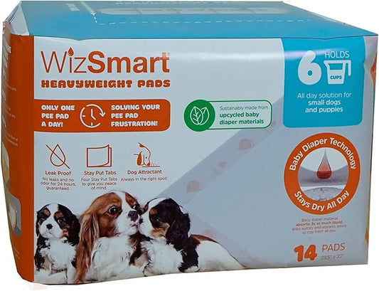 WizSmart Heavyweight Dog Pads – Absorbent, Leak-Proof Pet Training Pads with Stay Put Tabs – Indoor & Outdoor Use for Small Dogs, Crates, Travel – Eco Friendly Upcycled Materials, 14 Count
