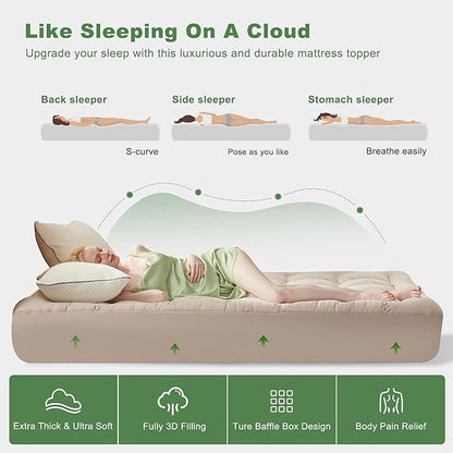 BEDLORE King Mattress Topper Viscose Derived from Bamboo, Thick Pillow Top Mattress Pad with Stretchable Pockets for 6"-18" Mattress, Soft Breathable Mattress Topper for Back Pain Relief(Beige)
