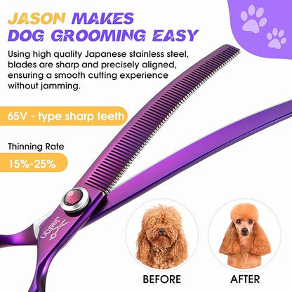 JASON 7.5" Dog Grooming Scissors - Professional Curved Thinning Shears for Grooming, Japanese 440C Stainless Steel Blender Shears with Diamond Adjustable Screw (65 Teeth, Purple)