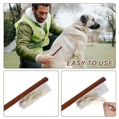 2pcs Solid Wood Grooming Combs with Wide & Narrow Rounded-Tip Steel Teeth - Metal Flea & Lice Comb for Dogs, Cats, Small & Medium Pets' Tangled Hair