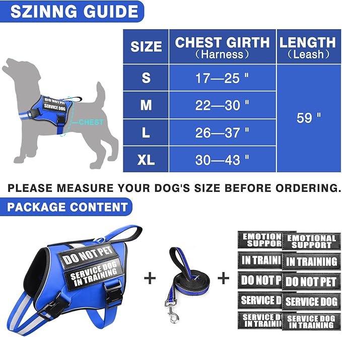 Service Dog Vest Harness and Leash Set+10 Patches,No Pull&Easy Walk Reflective Dog Harness with Soft Padded Handle for Training/Everyday,Fit Small/Medium/Large/Extra-Large Dogs (Blue XL)