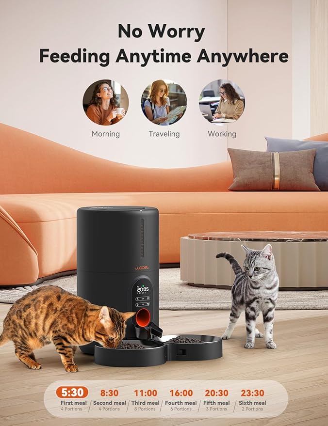 WOPET Automatic Cat Feeders 2 Cats, (𝟮𝟬𝟮5 𝗨𝗽𝗴𝗿𝗮𝗱𝗲) Timed Cat Food Dispenser with Stainless Steel Bowl, Programmable 1-6 Meals Control, Dual Power Supply Auto Pet Feeder for Cats and Dogs