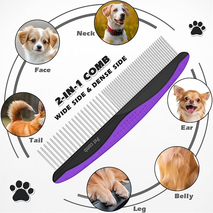 3PCS Premium Dog Grooming Kit - I Deshedding Brush & Metal Comb for Dogs & Cats (Purple Black)