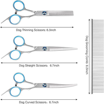 Premium Dog Grooming Scissors with Safety Round Tips, 5 in 1 Dog Grooming Scissors Kit, 4CR Stainless Steel Premium Pet Grooming Shears for Dog, Sharp and Durable, Blue