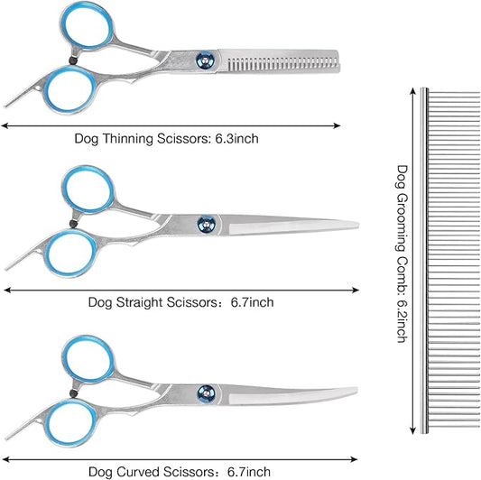 Premium Dog Grooming Scissors with Safety Round Tips, 5 in 1 Dog Grooming Scissors Kit, 4CR Stainless Steel Premium Pet Grooming Shears for Dog, Sharp and Durable, Blue