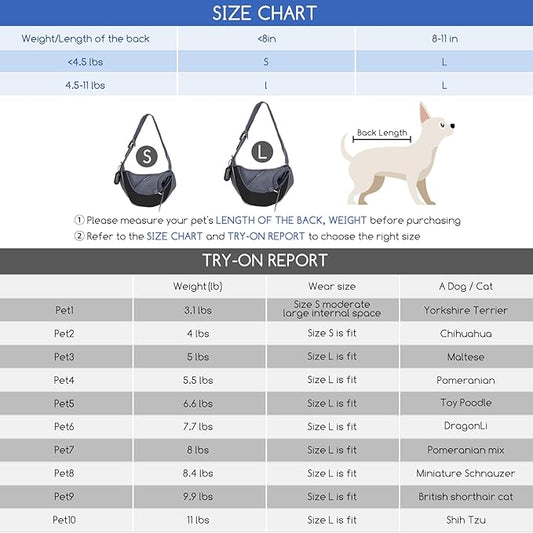 Nobleza Dog Sling Carrier, Mesh Adjustable Pet Sling Puppy Sling Carrier for Small Medium Dog Cat Rabbit (L (up to 10 lbs), Gray Black)