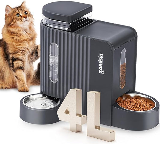 Gravity Cat Food and Water Dispenser Set with 304 Stainless Steel Bowls, 2 in 1 Automatic Cat Feeder with 180 Degree Rotatable Water Bowl, Large Capacity for Puppy Kitten Rabbits, Grey