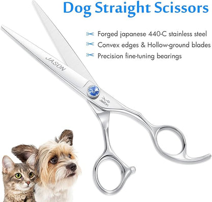JASON 7" Straight Dog Grooming Scissors, Ergonomic Pets Grooming Shears, Premium Cats Trimming Kit with Offset Handle and Jewelled Screw, Sharp, Comfortable