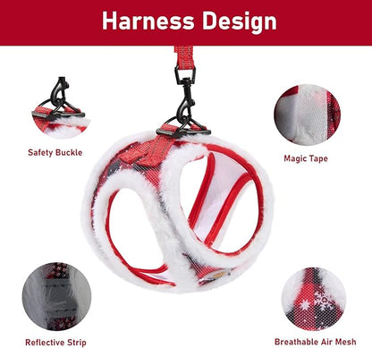 Christmas Dog Harness and Leash Set, No Pull Soft Mesh Puppy Harness for Small Medium Dogs, Cats - Step in Reflective Vest Harness for Walking, Training - Plush Red, M