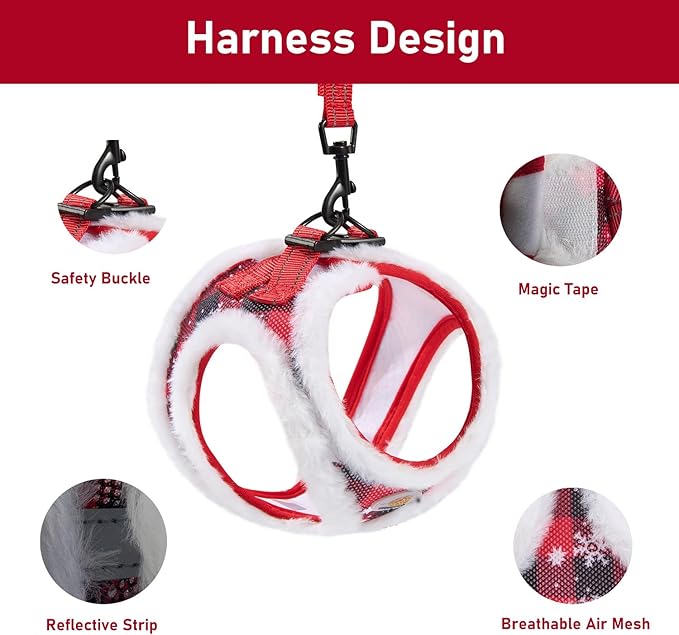 Christmas Dog Harness and Leash Set, No Pull Soft Mesh Puppy Harness for Small Medium Dogs, Cats - Step in Reflective Vest Harness for Walking, Training - Plush Red, XS
