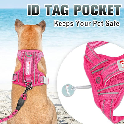 BARKBAY No Pull Dog Harness Large Reflective Dog Harness with Front Clip and Easy Control Handle for Walking Training Running with ID tag Pocket(Pink,L)