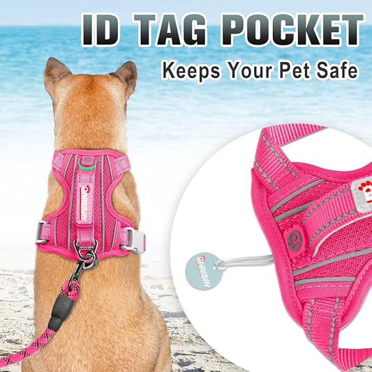 BARKBAY No Pull Dog Harness Large Reflective Dog Harness with Front Clip and Easy Control Handle for Walking Training Running with ID tag Pocket(Pink,L)