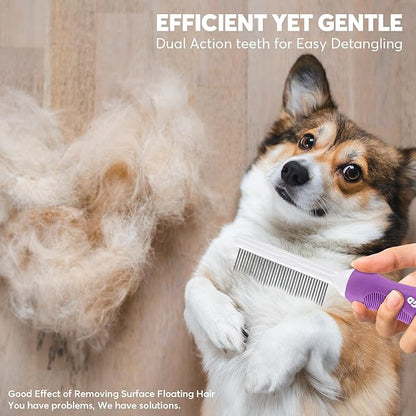 Detangling Pet Comb for Dogs & Cats with Long & Short Stainless Steel Metal Teeth for Removes Tangles and Knots - Detangler Grooming Tool for Dematting Matted Fur.