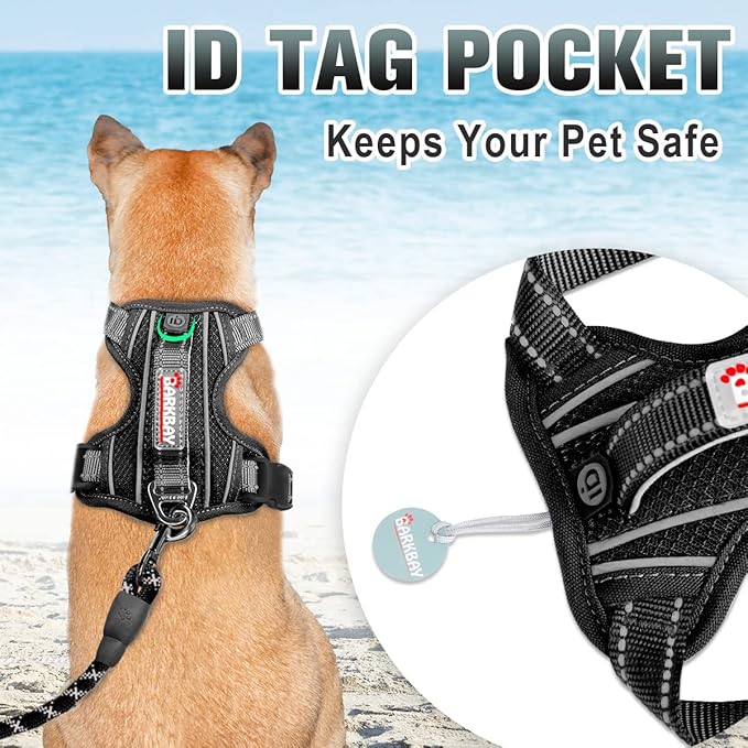 BARKBAY No Pull Dog Harness Large Reflective Dog Harness with Front Clip and Easy Control Handle for Walking Training Running with ID tag Pocket(Black,XL)