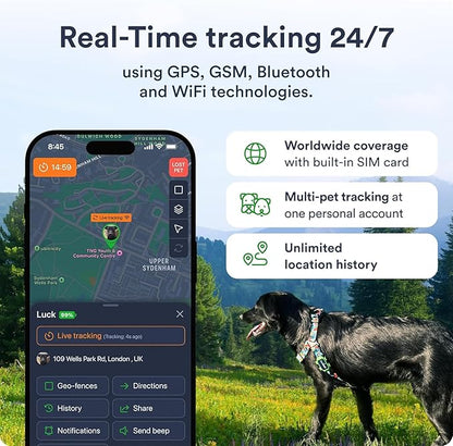 GPS Pet Tracker for Dogs - Dog Tracker Fits on Your Pets Collar, Waterproof, Smart App Controllable Geofencing and Pet Location History (Dog - 4 Months Included)