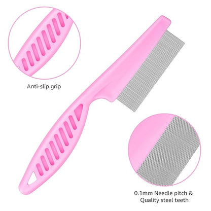Flea Comb for Cats Dog Comb Lice Comb Metal Teeth Durable Tear Stain Dog Combs Remove Float Hair Combing Tangled Hair Dandruff Pet Comb Grooming Set 3 Pieces Add Storage Pouch (Pink)