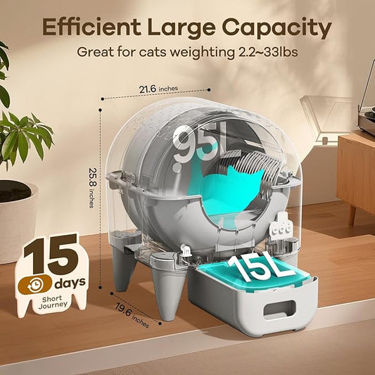 Self Cleaning Litter Box, Automatic Cat Litter Box Self Cleaning Large Capacity for Multiple Cats, App Control with Safety Sensors, Removable Washable Liner,2 Rolls Garbage Bags,Grey