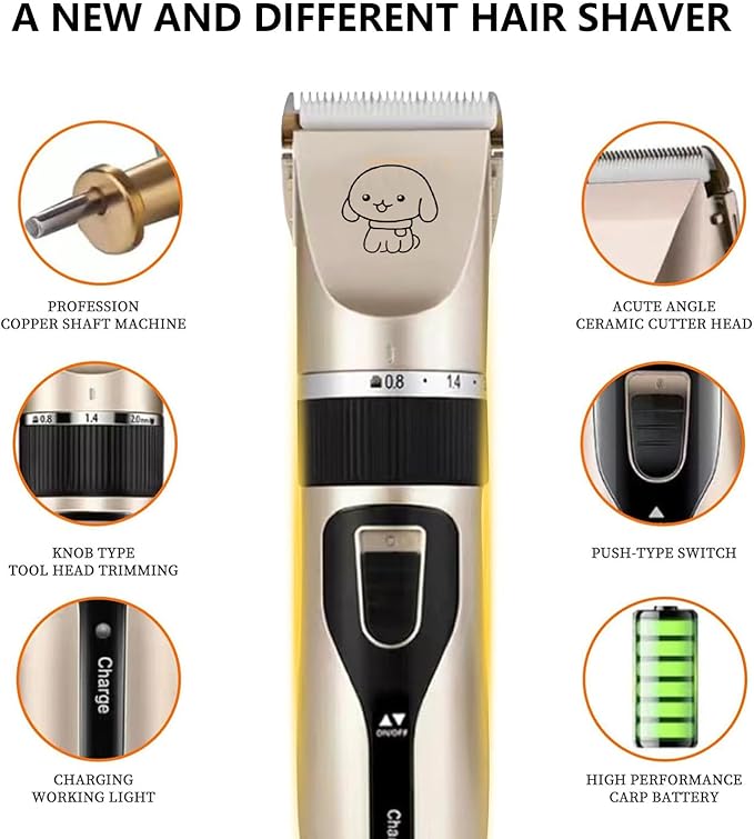Grooming Kit Clippers,Low Noise,Dog Shaver Cordless Electric Quiet Hair Clipper Set for Dog Cats Pets（Gold）