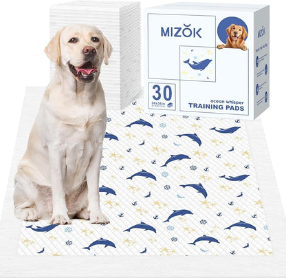 MIZOK Puppy Pads, 36"x36" Dolphin Print Dog Pee Pads Extra Large with Adhesive Tabs, Leak-Proof, 6-Layer Leak-Proof Super Absorbent, Quick-Dry Disposable (30 Count)