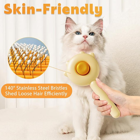 Paw Cat Brush with Release Button, Self Cleaning Cat Brush for Shedding, Cat Hair Brush for Grooming Long and Short Haired Cats Dogs (Yellow)