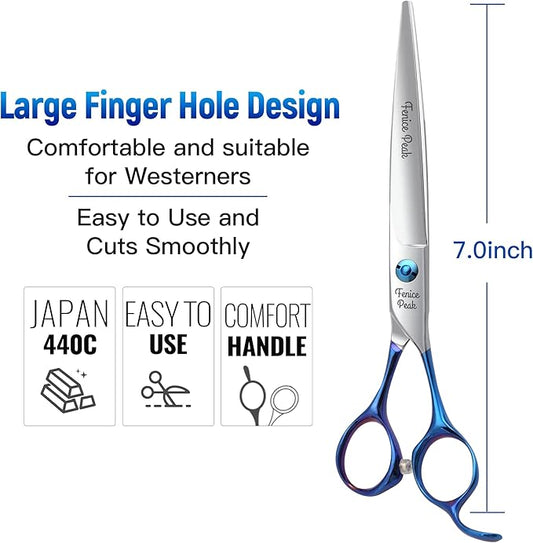 Fenice Peak Grooming Scissors for Dogs 7 inch Straight Pet Grooming Scissors Ergonomically Designed Blue Handles Ideal Dog Shears for Precise Trimming Easy Use.