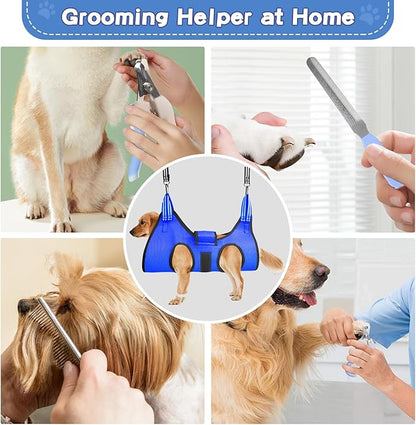 Pet Grooming Hammock Harness for Medium/Large Dogs with Belt Pasteable,Nail Clippers,Nail Trimmers,Comb, Trimming Relaxing/Safe,Dog Grooming Kit at Home(Blue)