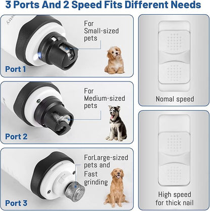 Roses&Poetry Nail Grinder with 2 LED Lighe and 3-Speed Electric Rechargeable Pet Nail Trimmer Painless Paws Grooming & Smoothing for Small Medium Large Dogs & Cats