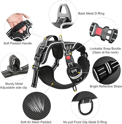Timos No Pull Dog Harness, Release at Neck Reflective 3 Snap Buckles Adjustable No Choke Pet Vest with Front & Back 2 Leash Clips, Soft Padded Control Training Handle for Small Medium Large Dogs