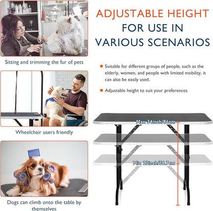 LEIBOU 45'' Height Adjustable(23''~33.8'') and Foldable Pet Dog Grooming Table Heavy Duty Iron Frame with H-Shape Grooming Arm & 3 Noose, Maximum Capacity Up to 260lbs, Black