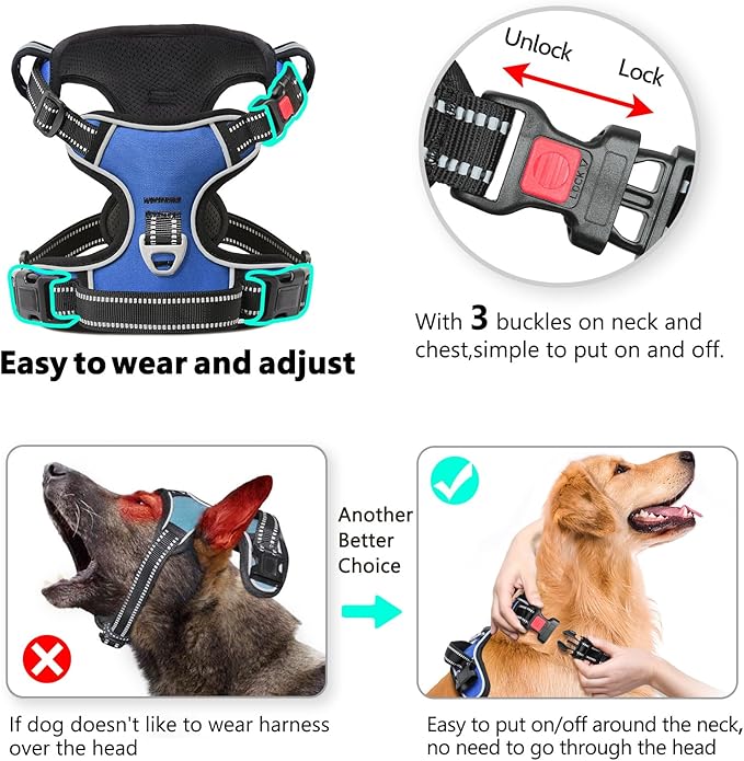 Timos Dog Harness for Medium Dogs, No Pull Service Vest with Reflective Strips and Control Handle,No Choke Dog Harness with 2 Metal Rings for Easy Walking,Outdoor Training,Blue, M