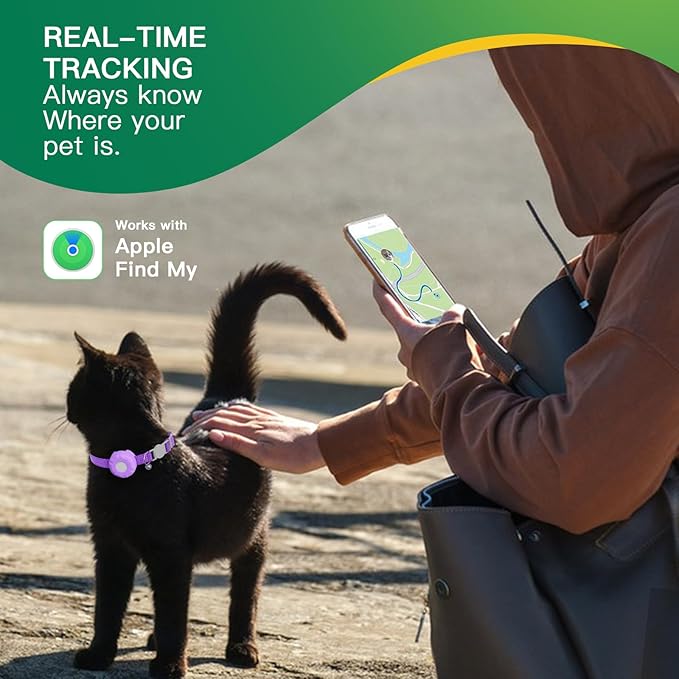 Cat Tracker Collar,No Monthly Fee Tracking Pet Collar with Finder Tag,Compatible with Apple Find My(iOS Only),Breakaway Tractive Design with Reflective Pattern & Bell,Purple