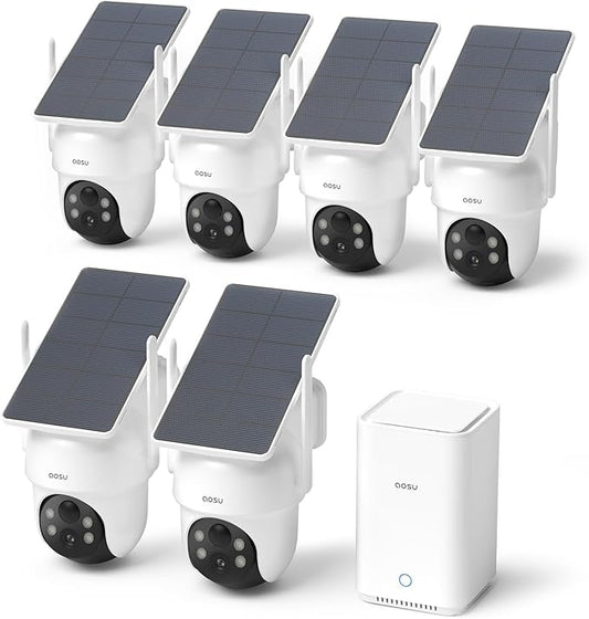 AOSU Security Cameras Wireless Outdoor, 6-Cam Kit, No Subscription, Homebase Expandable to 1TB (32GB Built-in), 5MP Solar Camera Wireless Outdoor, 360° Pan & Tilt, Human Auto Tracking, Easy Setup