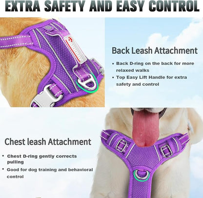 BARKBAY No Pull Dog Harness Large Reflective Dog Harness with Front Clip and Easy Control Handle for Walking Training Running with ID tag Pocket(Purple,XS)